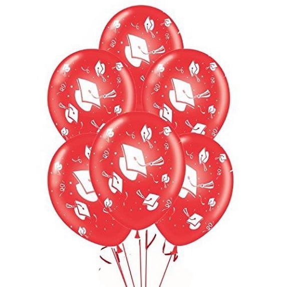PMU 12 Pcs Graduation Balloons PartyTex 11 inch Premium Red with All-Over Print White Grad Caps-Confetti and Streamers Graduation Party Decorations