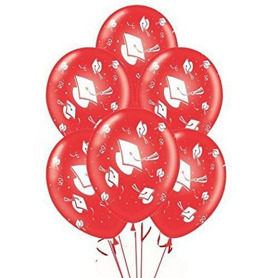 PMU 25 Pcs Graduation Balloons PartyTex 11 inch Premium Red with All-Over Print White Grad Caps-Confetti and Streamers Graduation Party Decorations