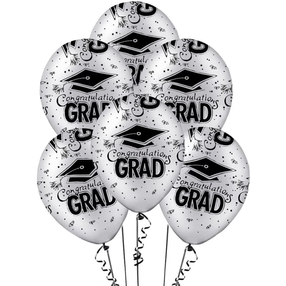 PMU Graduation Balloons 11 Inch PartyTex Premium Silver with All-Over Print Black Grad Caps-Confetti and Streamers Pkg/12