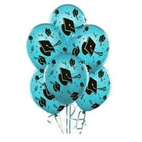 PMU Graduation Balloons 11 Inch PartyTex Premium Turquoise with All-Over Print Black Grad Caps-Confetti and Streamers Pkg/12