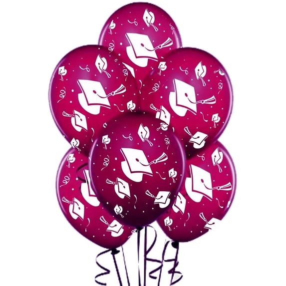 PMU 50 Pcs Graduation Balloons PartyTex 11 inch Premium Burgundy with All-Over Print White Grad Caps-Confetti and Streamers Graduation Party Decorations