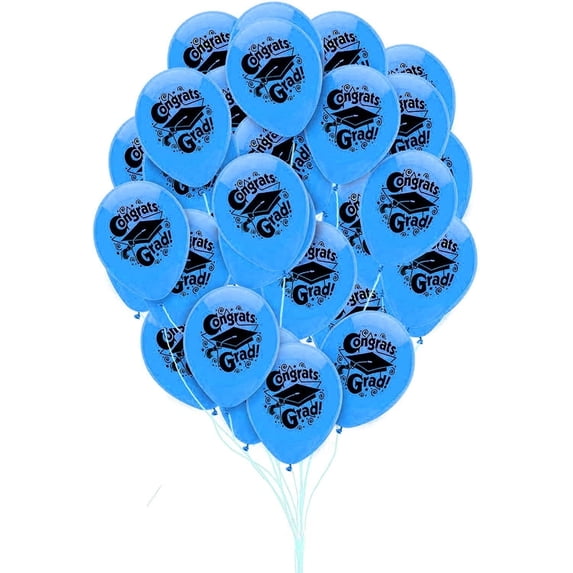 PMU 100 Pcs Graduation Balloons PartyTex 11 inch Premium Blue with All-Over Print White Grad Caps-Confetti and Streamers Graduation Party Decorations