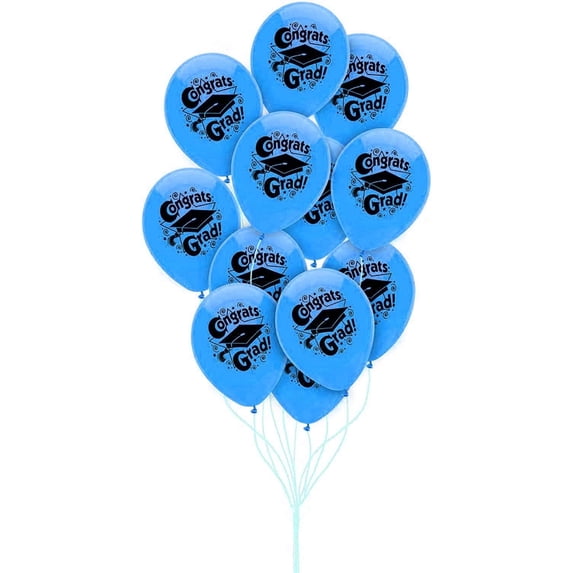 PMU 12 Pcs Graduation Balloons PartyTex 11 inch Premium Blue with All-Over Print White Grad Caps-Confetti and Streamers Graduation Party Decorations