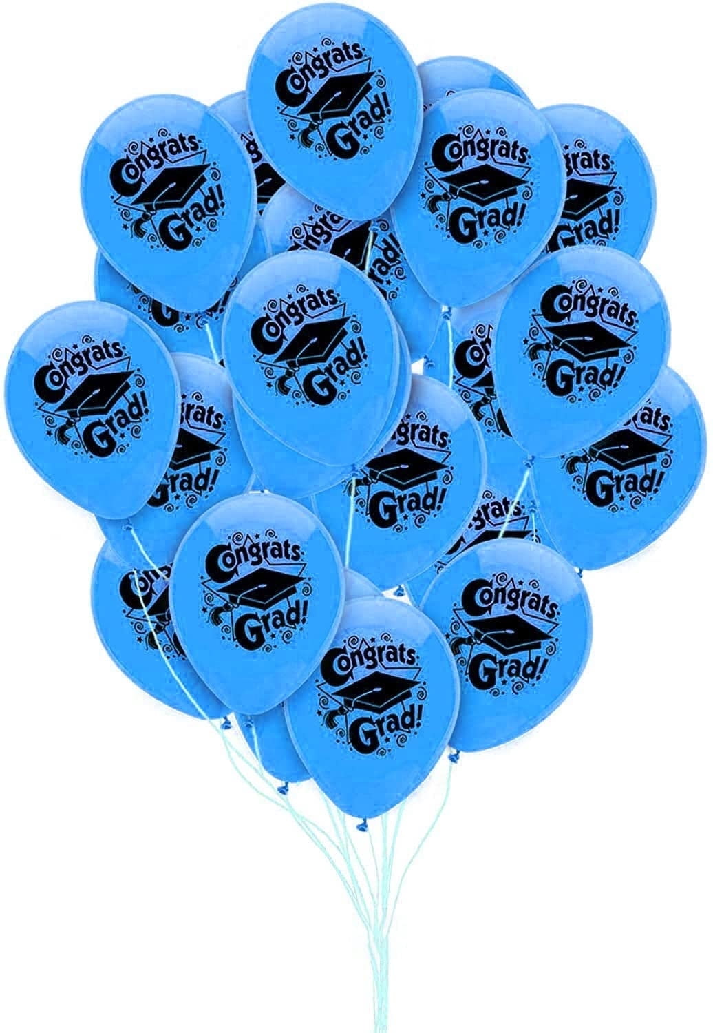 PMU 50 Pcs Graduation Balloons PartyTex 11 inch Premium Blue with All-Over Print White Grad Caps-Confetti and Streamers Graduation Party Decorations