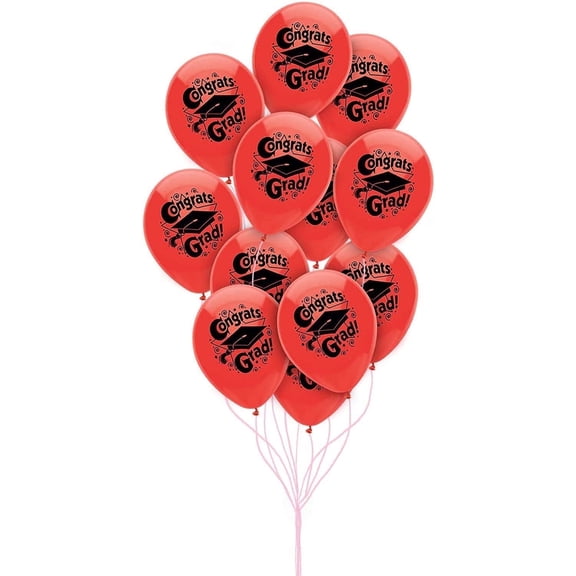 PMU 12 Pcs Graduation Balloons PartyTex 11 inch Premium Red with All-Over Print White Grad Caps-Confetti and Streamers Graduation Party Decorations