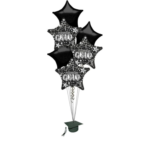 PMU Graduation Bouquet with (3) 18 Inch Congrats Grad Star & (3) 22 Inch Solid Star Shape Black Mylar Balloons Pkg/6