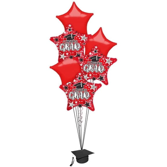 PMU Graduation Bouquet with (3) 18 Inch Congrats Grad Star & (3) 22 Inch Solid Star Shape Red Mylar Balloons Pkg/6