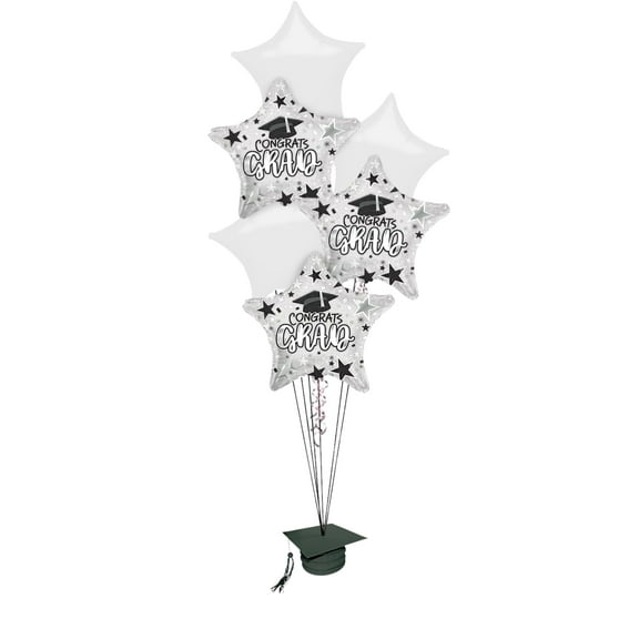 PMU Graduation Bouquet with (3) 18 Inch Congrats Grad Star & (3) 22 Inch Solid Star Shape White Mylar Balloons Pkg/6
