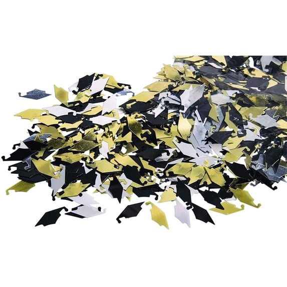 PMU Graduation Confetti Grad Cap 3 Pack, 0.5 oz Gold, Silver and Black Grad Confetti Table Decorations, Graduation Party Decor