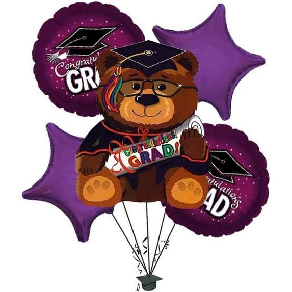 PMU Congrats Grad Balloon Bouquet | Graduation Decoration Mylar Balloons | Celebrate Success with Vibrant Graduation Balloons | Congrats Grad Big Bear Balloon Bouquet Purple (5/pkg) Pkg/1