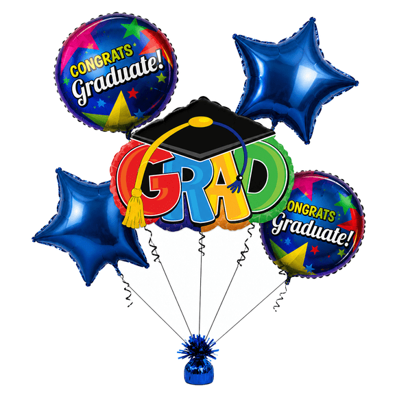 PMU Congrats Grad Cap Balloon Bouquet | Graduation Decoration Mylar Balloons | Graduation Balloons Class of 2024 Decor | Celebrate Success with Vibrant Graduation Balloons | Blue (5/Pkg) Pkg/1