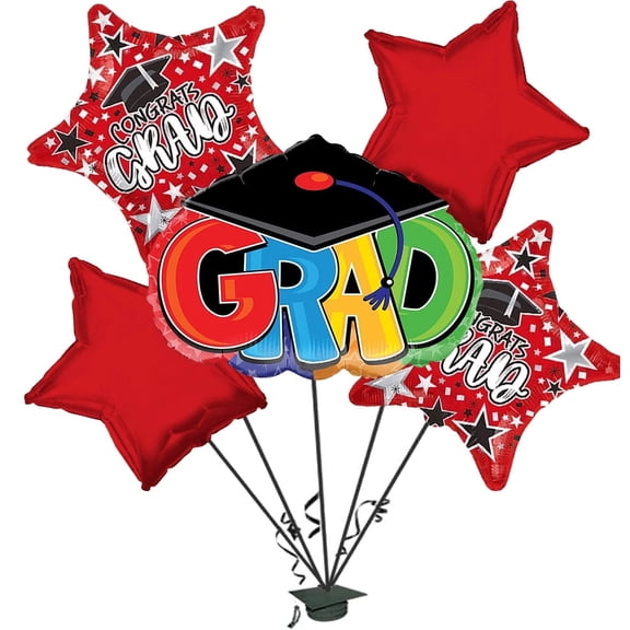 PMU Congrats Grad Cap Balloon Bouquet | Graduation Decoration Mylar Balloons | Graduation Balloons Class of 2024 Decor | Celebrate Success with Vibrant Graduation Balloons | Red (5/Pkg) Pkg/1