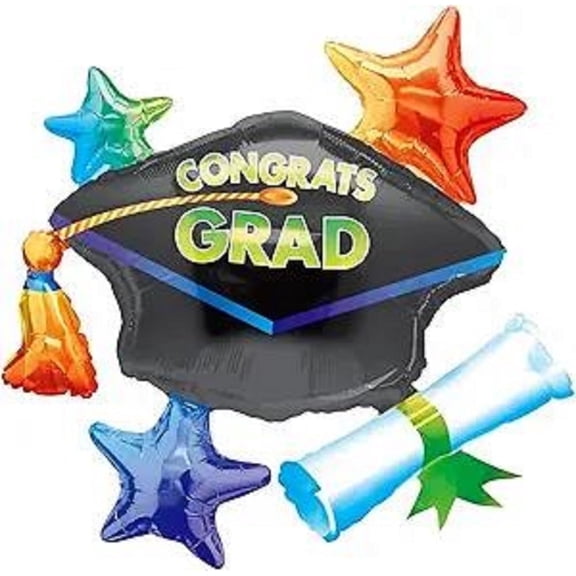 PMU Graduation "Congrats Grad" Grad Cap with Stars Cluster 31 Inch Mylar Foil Balloons Pkg/1