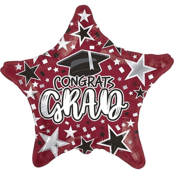 PMU Graduation Congrats Grad Star Burgundy 18 Inch Mylar Balloon Pkg/25