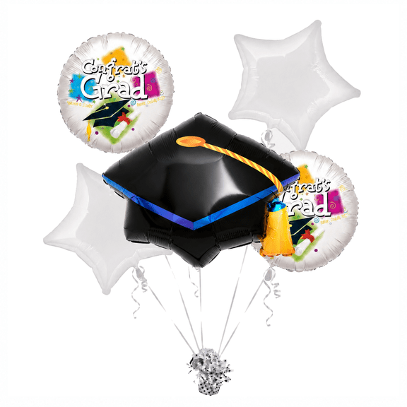 PMU Graduation "Congrats Grad" White Foil Balloon Bouquet Pkg/5