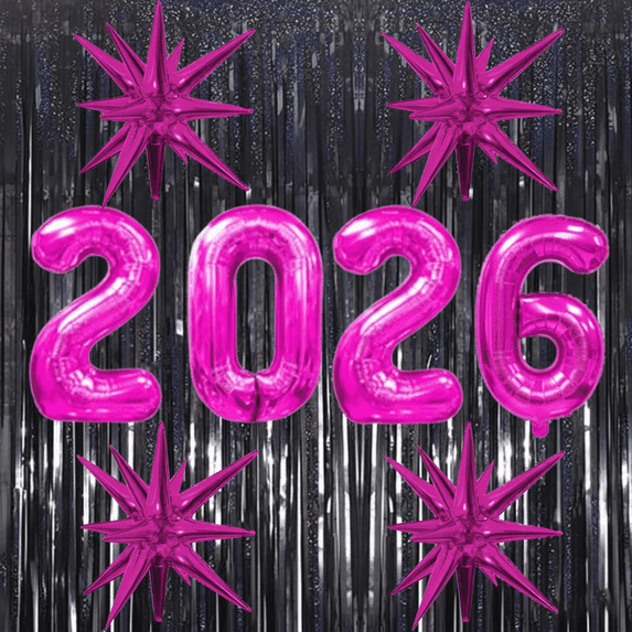 PMU 12 Pc Set Graduation Decorations | Number Balloons 2026 Hot Pink with Black Curtain Backdrop and Star Mylar | 2026 Graduation Party Decorations | Party Supplies