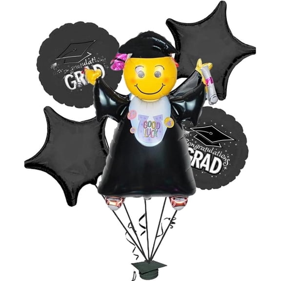 PMU Graduation Girl Jumping Smiley Grad Balloon Bouquet | Jumping Grad Mylar Balloons | Jump for Joy Graduation Smiley Grad Balloon | Grad Foil Balloons Bouquet Black (5/Pkg) Pkg/1