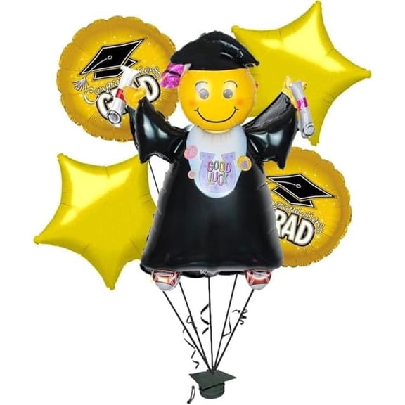PMU Graduation Girl Jumping Smiley Grad Balloon Bouquet | Jumping Grad Mylar Balloons | Jump for Joy Graduation Smiley Grad Balloon | Grad Foil Balloons Bouquet Gold (5/Pkg) Pkg/1