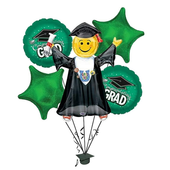 PMU Graduation Jumping Smiley Grad Balloon Bouquet | Jumping Grad Mylar Balloons | Jump for Joy Graduation Smiley Grad Balloon | Grad Foil Balloons | Green (5/Pkg) Pkg/1
