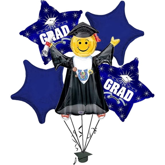PMU Graduation Jumping Smiley Grad Balloon Bouquet | Jumping Grad Mylar Balloons | Jump for Joy Graduation Smiley Grad Balloon | Grad Foil Balloons | Navy Blue (5/Pkg) Pkg/1