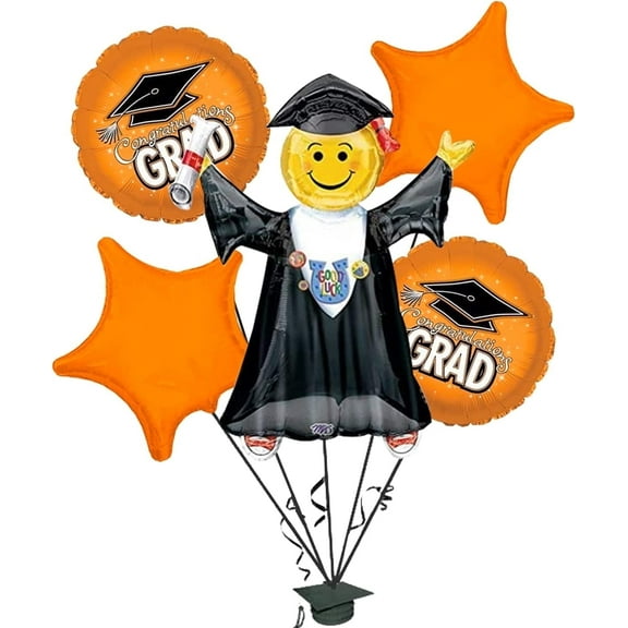 PMU Graduation Jumping Smiley Grad Balloon Bouquet | Jumping Grad Mylar Balloons | Jump for Joy Graduation Smiley Grad Balloon | Grad Foil Balloons | Orange (5/Pkg) Pkg/1
