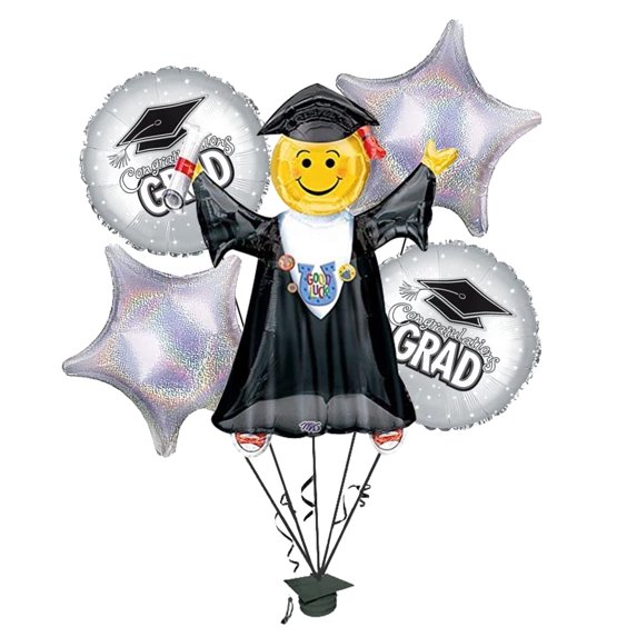 PMU Graduation Jumping Smiley Grad Balloon Bouquet | Jumping Grad Mylar Balloons | Jump for Joy Graduation Smiley Grad Balloon | Grad Foil Balloons | Silver (5/Pkg) Pkg/1