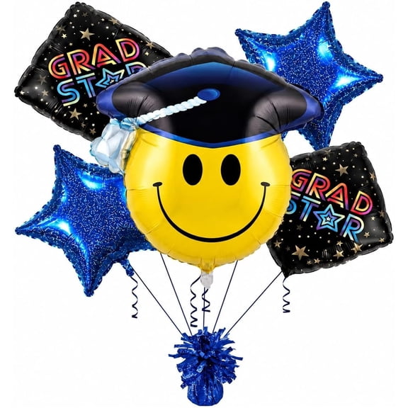 PMU Graduation Smiley Face Balloon Bouquet – Blue Dazzeloon Star & Black Mylar Balloons, Graduation Bouquet, Mylar Balloon for Grad Party Decor, College High School Graduations & Celebration Supplies