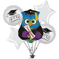 PMU Congrats Grad Balloon Bouquet | Graduation Decoration Mylar Balloons | Celebrate Success with Vibrant Graduation Balloons | “Wise Owl Grad” Balloon Bouquet White (5/Pkg) Pkg/1