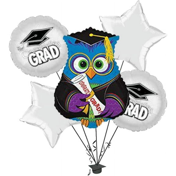 PMU Congrats Grad Balloon Bouquet | Graduation Decoration Mylar Balloons | Celebrate Success with Vibrant Graduation Balloons | “Wise Owl Grad” Balloon Bouquet White (5/Pkg) Pkg/1