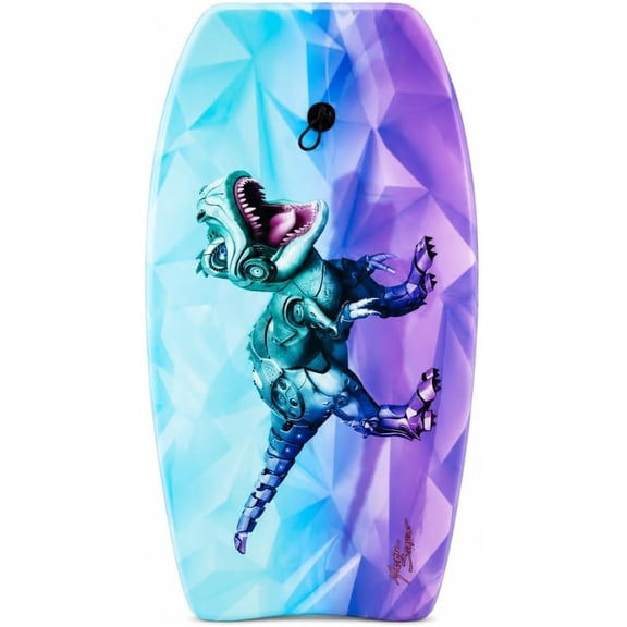 PMU 33 Inch Blue Purple T-Rex Printed Bodyboard - Lightweight Wrist Leash Slick Bottom Boogie Board for Beach, Sea & Pool - Surfing Board for Kids, Teens & Adults Wave Conditions Pkg/1