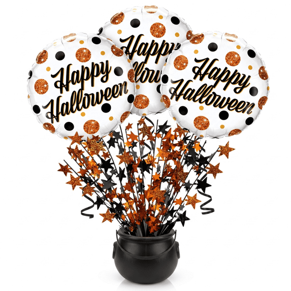 PMU Halloween Bundle 1pc 6in Cauldon with 1pc Halloween Black/Orange Starburst Centerpiece with 3pcs 18in Mylar Balloons, Halloween Party Favors & Supplies