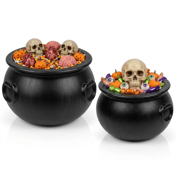 PMU 2 Pc Large Halloween Cauldron Set, Black Plastic Witch Cauldrons, 18in & 12in, Trick or Treat Baskets for Home Décor & Party Favors