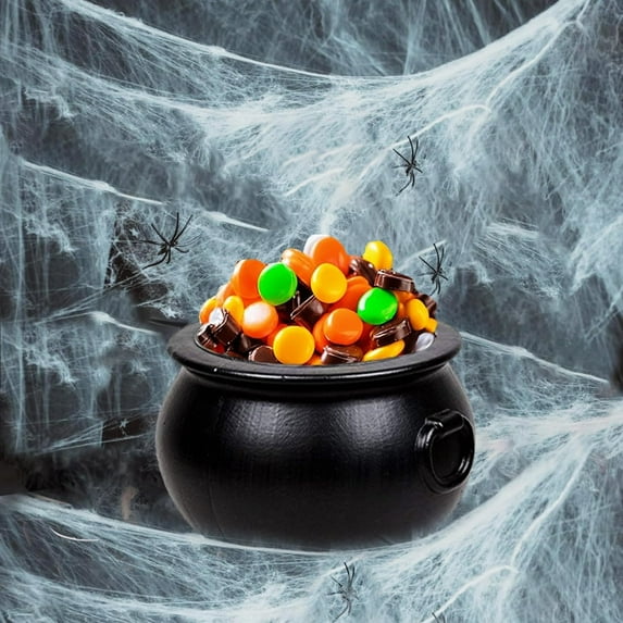 PMU Halloween 2pc Multi Pack 8in Black Plastic Cauldron with White Spider Web (1) 8in 55280-NHS (1) 28033 (2/pkg) Pkg/1
