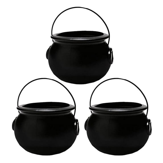 PMU Halloween Cauldron 6 Inch, Small Witch Plastic Cauldron Candy Bowl Black, For Halloween Decor pkg/3