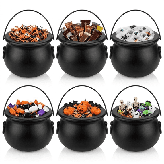PMU Halloween Cauldron 6 Inch, Small Witch Plastic Cauldron Candy Bowl Black, For Halloween Decor pkg/6