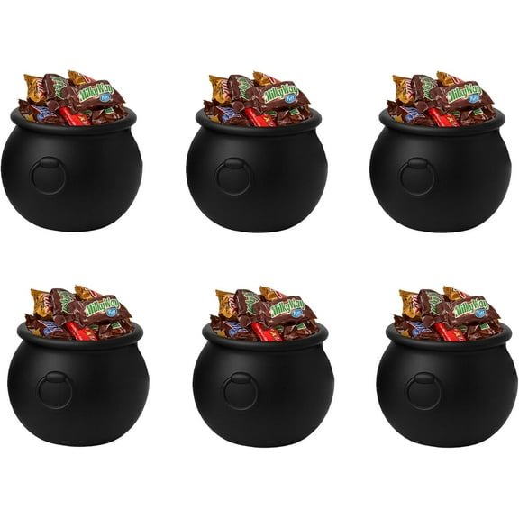 PMU Halloween Cauldron 6Pcs- 3 inch, Small Witch Plastic Cauldron mini Candy Bowl Black, For Halloween Décor