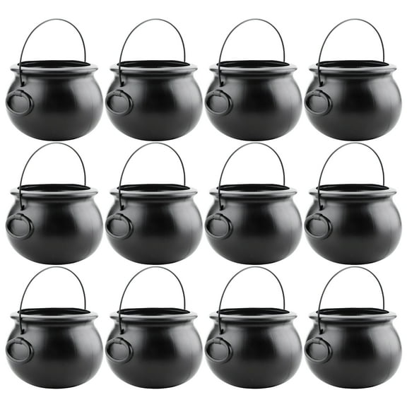 PMU Halloween Cauldron 8 inch, Small Witch Plastic Cauldron Candy Bowl Black, For Halloween Decor pkg/12