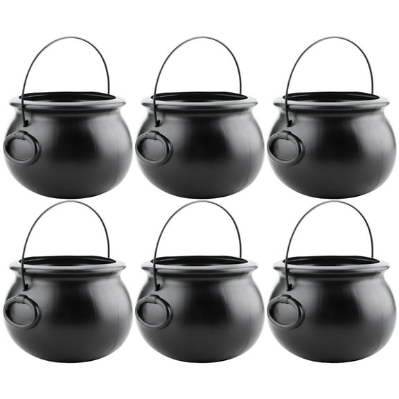PMU Halloween Cauldron 8 inch, Small Witch Plastic Cauldron Candy Bowl Black, For Halloween Decor pkg/6