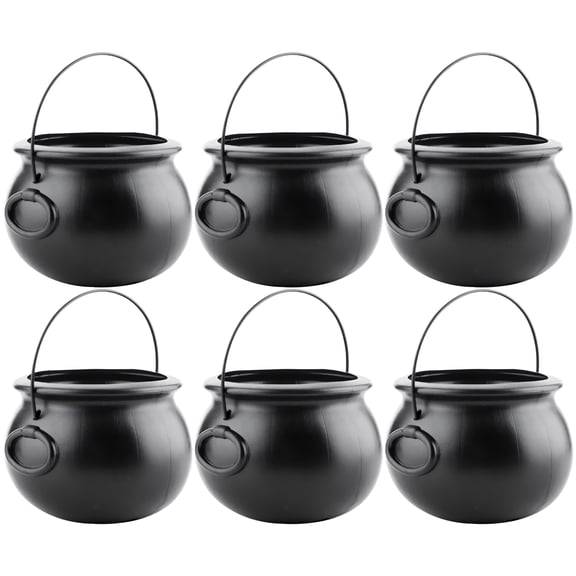 PMU Halloween Cauldron 8 inch, Small Witch Plastic Cauldron Candy Bowl Black, For Halloween Decor pkg/6