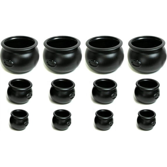 PMU Halloween Cauldron 12pc- (4) 12", (4) 8", (4) 6" Witch Plastic Cauldron Candy bowl Black, For Halloween Decor