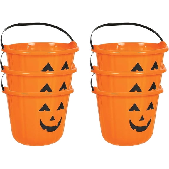 PMU Halloween Jack-O-Lantern Trick or Treat Pail Bucket - Candy Gift Basket for Kids - Pumpkin Plastic Buckets with Handle - Perfect Halloween Décor - 9 Inch Orange Pkg/6