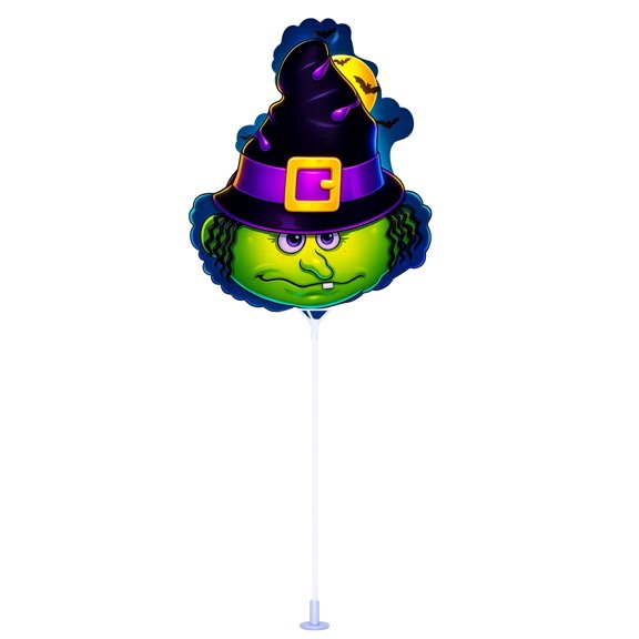 PMU Halloween Pre-Inflated Balloons "Witch Face" 9 Inch Air-Filled Pre-inflated with a Cup and a Stick (1/Pkg) Pkg/1