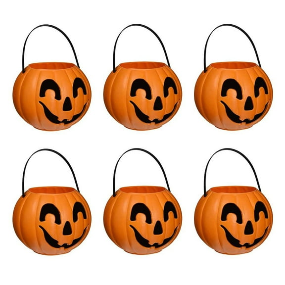 PMU Halloween Trick or Treat Jack-O-Lantern Carry Jack - Halloween Pumpkin Decorations - Candy Gift Basket for Kids - Pumpkin Bucket with Handles - 9 Inch w/Handle - Orange Pkg/6