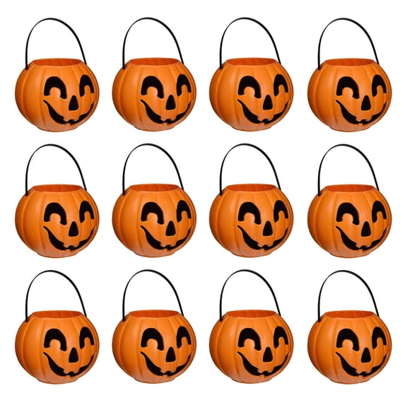 PMU Halloween Trick or Treat Jack-O-Lantern Carry Jack - Halloween Pumpkin Decorations - Candy Gift Basket for Kids - Pumpkin Bucket with Handles - 9 Inch w/Handle - Orange Pkg/12