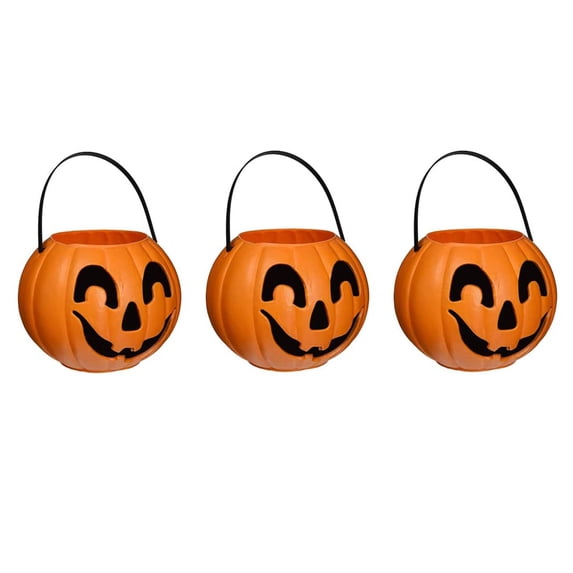 PMU Halloween Trick or Treat Jack-O-Lantern Carry Jack - Halloween Pumpkin Decorations - Candy Gift Basket for Kids - Pumpkin Bucket with Handles - 9 Inch w/Handle - Orange Pkg/3