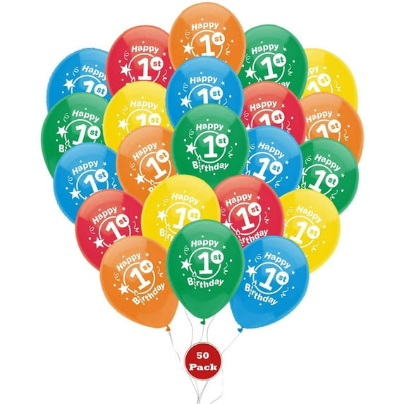 PMU Happy 1st Birthday Balloons 12 Inch Latex (Assorted, Color) Pkg/50