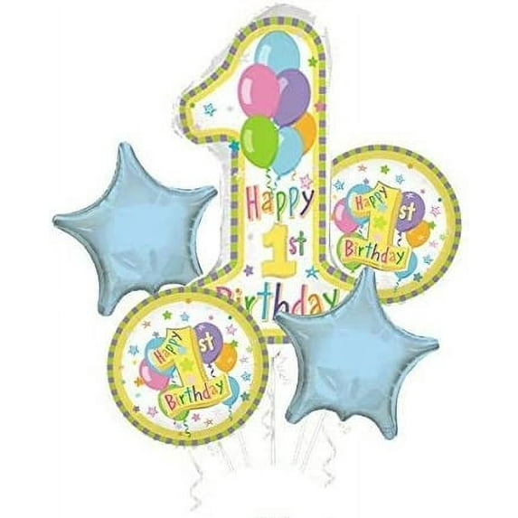 PMU Happy 1st. Birthday Pastel Balloon Bouquet w/ Blue Stars (5/pkg) Pkg/1