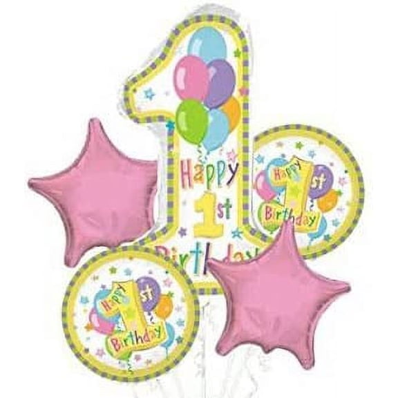 PMU Happy 1st. Birthday Pastel Balloon Bouquet w/ Pink Stars (5/pkg) Pkg/1