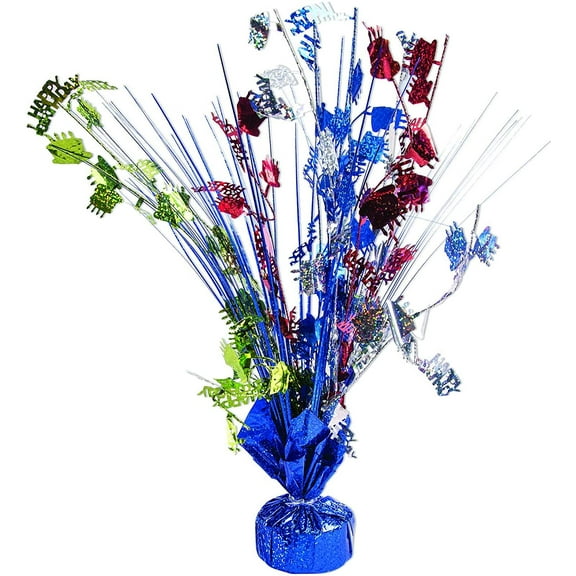 PMU Happy Birthday Balloon Weight Glitter Burst Centerpiece 15 Inch with Die-Cut Holographic Red, Royal Blue, Lime Green and Silver Birthday Cakes Pkg/1