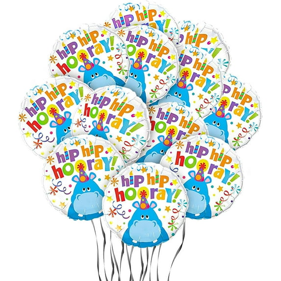 PMU Happy Birthday Hip Hip Hooray Hippo 18 Inch Mylar Foil Balloon Pkg/25